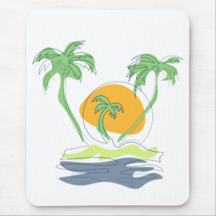 Tropical island beach scenery. Outline palm tree  Mouse Mat