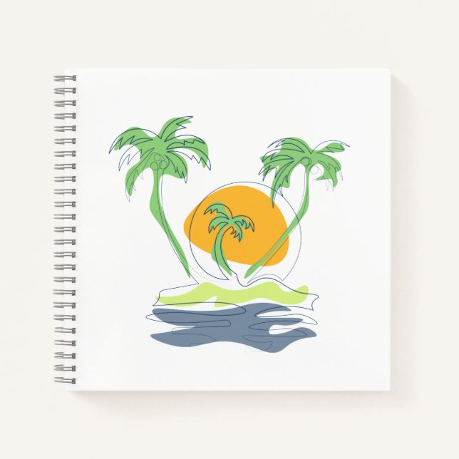 Tropical island beach scenery. Outline palm tree  Notebook (Front)