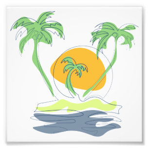 Tropical island beach scenery. Outline palm tree Photo Print