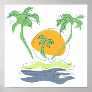 Tropical island beach scenery. Outline palm tree  Poster