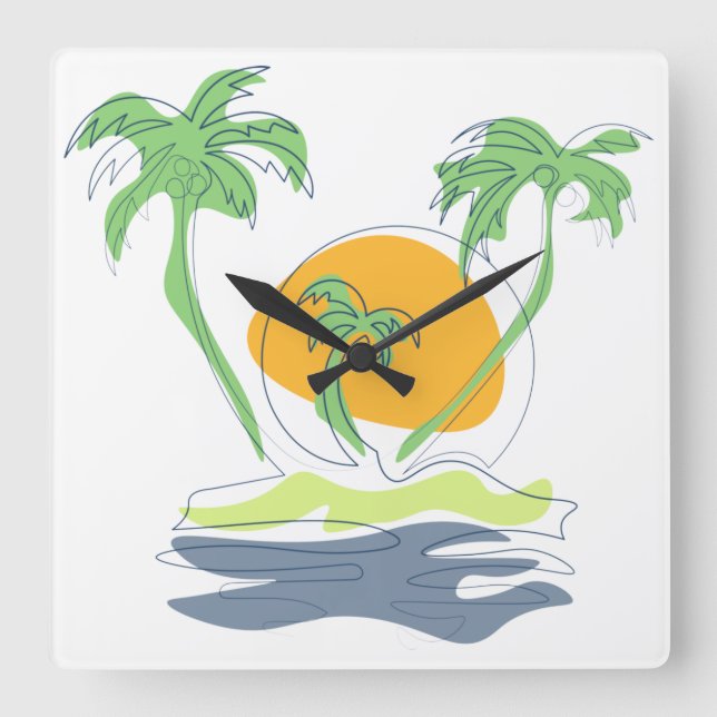 Tropical island beach scenery. Outline palm tree  Square Wall Clock (Front)