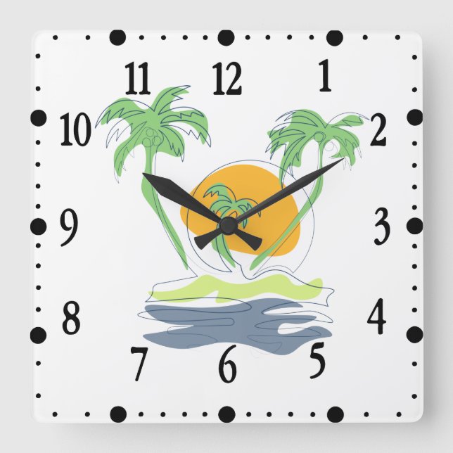 Tropical island beach scenery. Outline palm tree  Square Wall Clock (Front)
