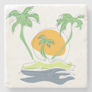 Tropical island beach scenery. Outline palm tree Stone Coaster