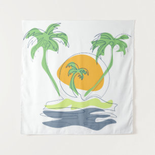 Tropical island beach scenery. Outline palm tree Tapestry