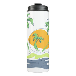Tropical island beach scenery. Outline palm tree Thermal Tumbler
