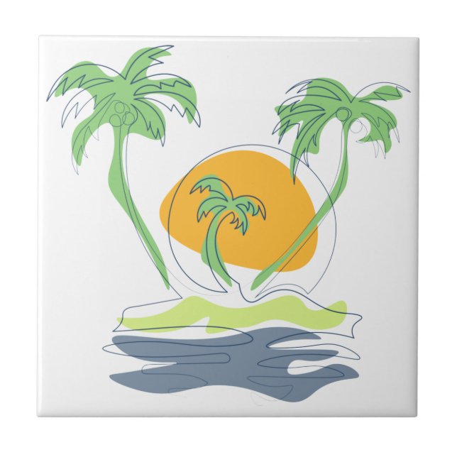 Tropical island beach scenery. Outline palm tree  Tile (Front)