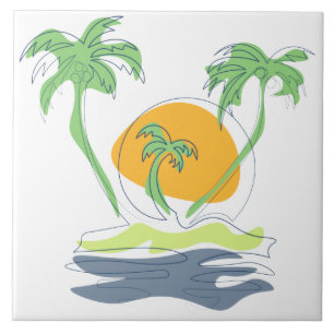 Tropical island beach scenery. Outline palm tree  Tile