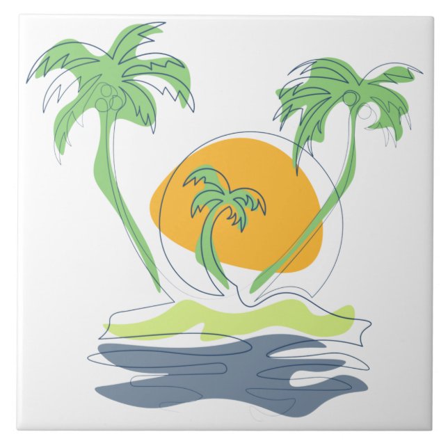 Tropical island beach scenery. Outline palm tree  Tile (Front)
