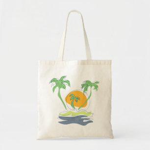 Tropical island beach scenery. Outline palm tree Tote Bag