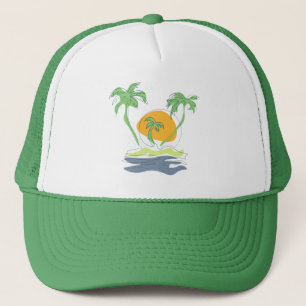 Tropical island beach scenery. Outline palm tree  Trucker Hat