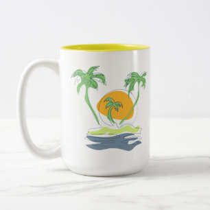 Tropical island beach scenery. Outline palm tree Two-Tone Coffee Mug