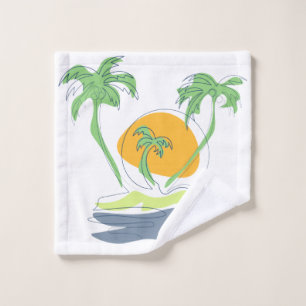 Tropical island beach scenery. Outline palm tree Wash Cloth