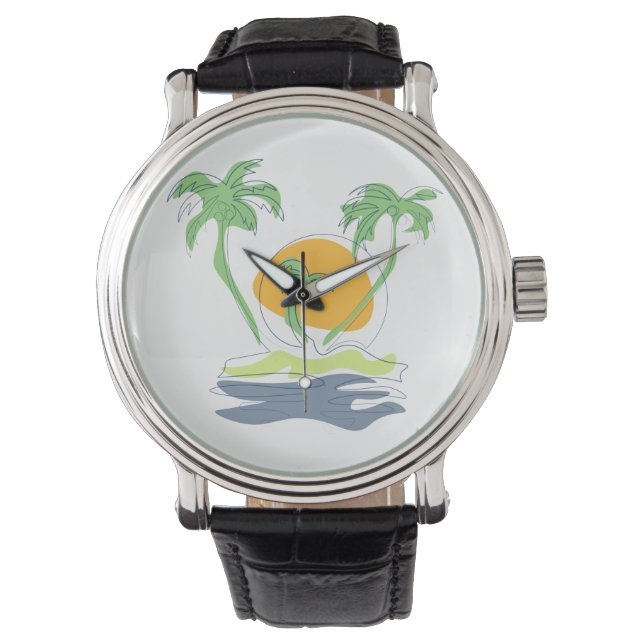 Tropical island beach scenery. Outline palm tree Watch (Front)