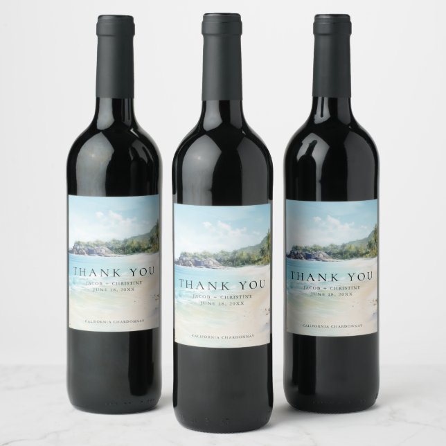 Tropical Island Beach Thank You Wedding Favour Wine Label (Bottles)