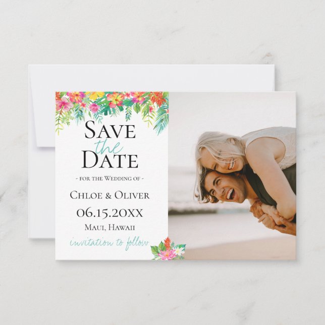 Tropical Island Botanical Photo Save The Date Announcement (Front)