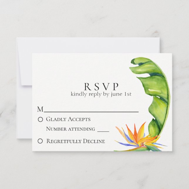 Tropical Island Botanical Wedding RSVP Card (Front)