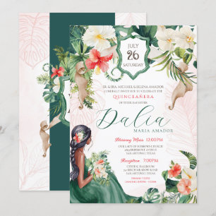 Tropical Island Emerald Green Floral Quinceanera Invitation