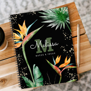 Tropical Island Floral Black Gold Monogram Script Notebook