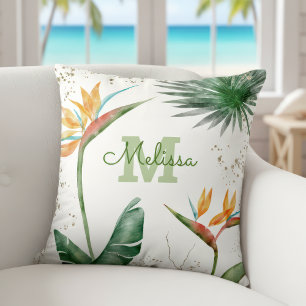 Tropical Island Floral Monogram Gold White Script  Cushion