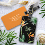 Tropical Island Floral Monogram Script Gold Black Luggage Tag<br><div class="desc">Bring a bit of elegant tropical hospitality with you wherever you travel, when you use this chic, modern luggage tag. Stunning, sophisticated, colourful, tropical watercolor birds of paradise flowers, faux gold glitter, and personalised calligraphy script with a bold monogram initial, overlay a dramatic black background. Personalise with your name and...</div>