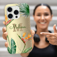 Tropical Island Floral Monogram Script Gold Foil