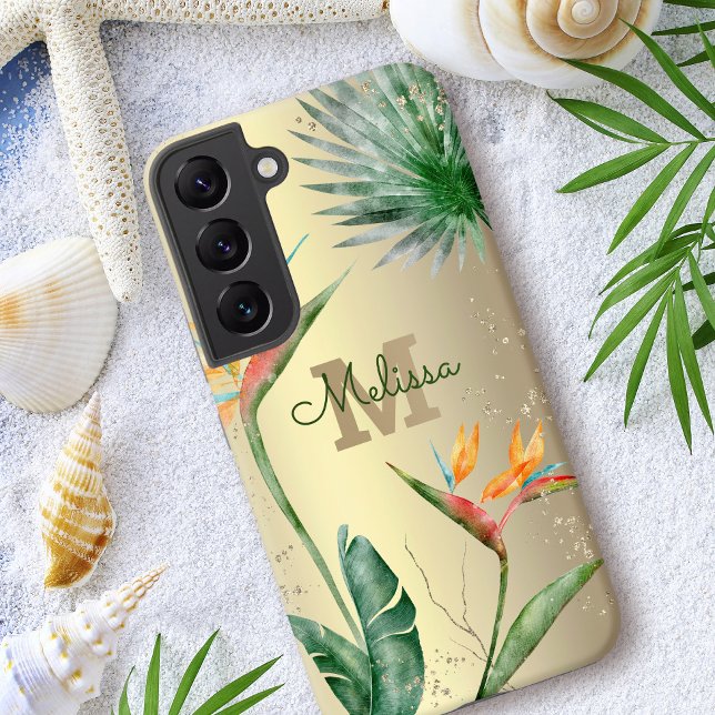 Tropical Island Floral Monogram Script Gold Foil Samsung Galaxy S22 Case (Creator Uploaded)