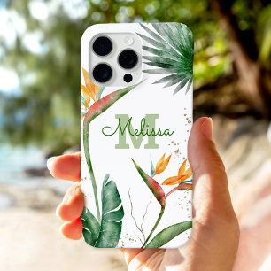 Tropical Island Floral Monogram Script Gold White iPhone 16 Pro Max Case