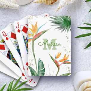 Tropical Island Floral Monogram Script White Gold Playing Cards