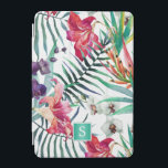 Tropical Island Floral Pattern with Monogram iPad Mini Cover<br><div class="desc">A beautifully exotic island style case with colourful tropical orchids, lilies, and parrot flowers in orange, pink, red, purple and white. Palm fronds and tropical foliage are scattered throughout the design with a contrasting white background to make all the colours pop. A square frame surrounds a monogram initial that you...</div>