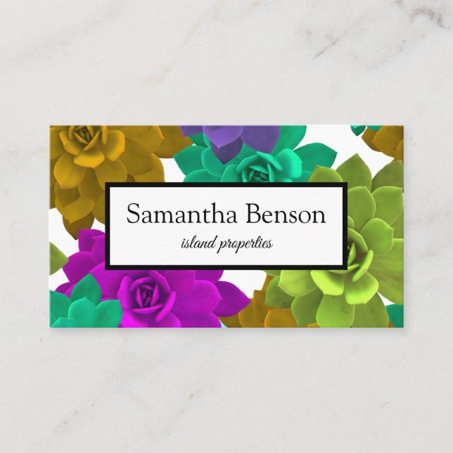 Tropical Island Green & White Square Business Card (Front)
