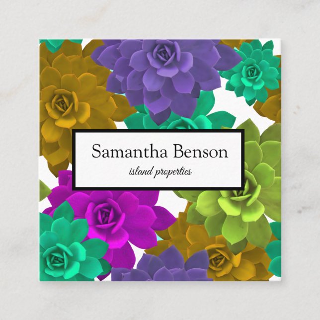 Tropical Island Green & White Square Square Business Card (Front)