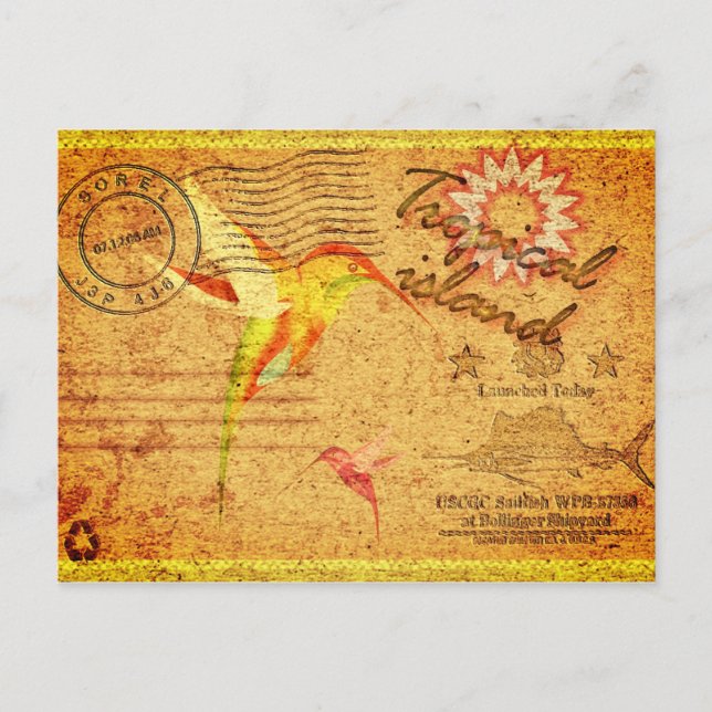 Tropical island hummingbird vintage postcard (Front)