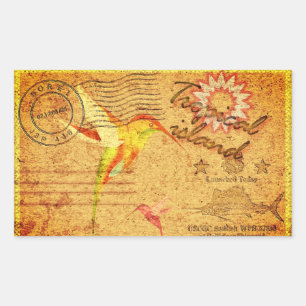Tropical island hummingbird vintage postcard rectangular sticker
