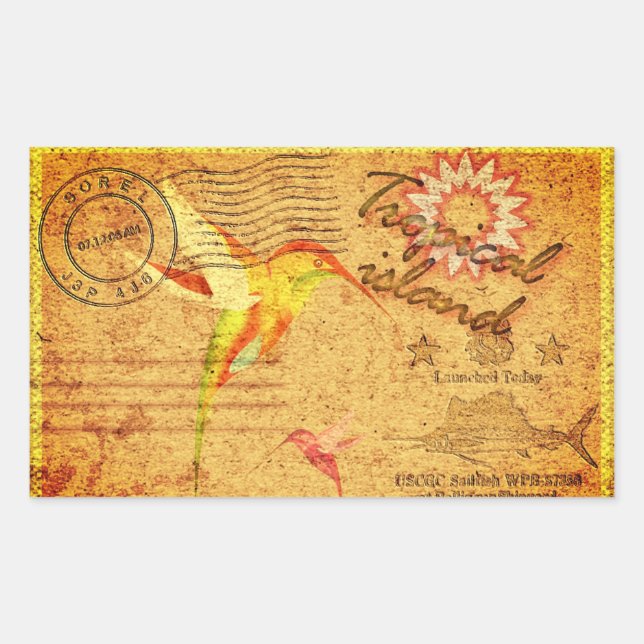 Tropical island hummingbird vintage postcard  rectangular sticker (Front)