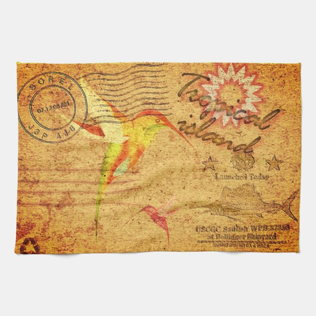 Tropical island hummingbird vintage postcard yello tea towel (Horizontal)
