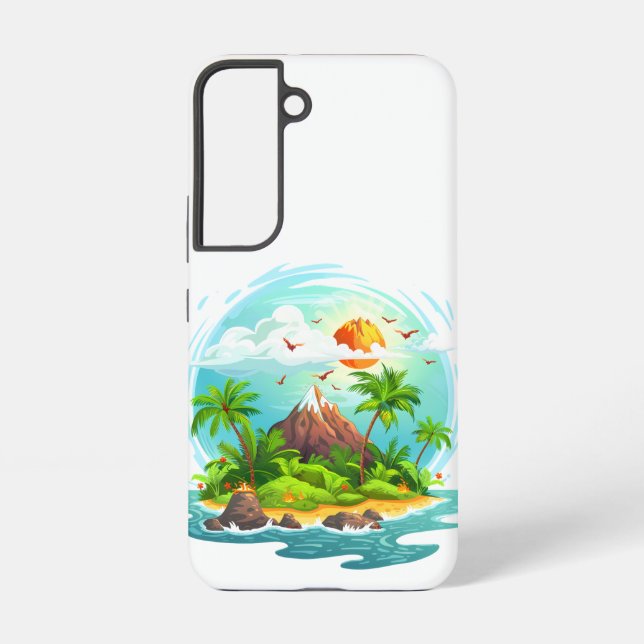 Tropical Island Illustration with Ocean View Samsung Galaxy S22 Case (Back)