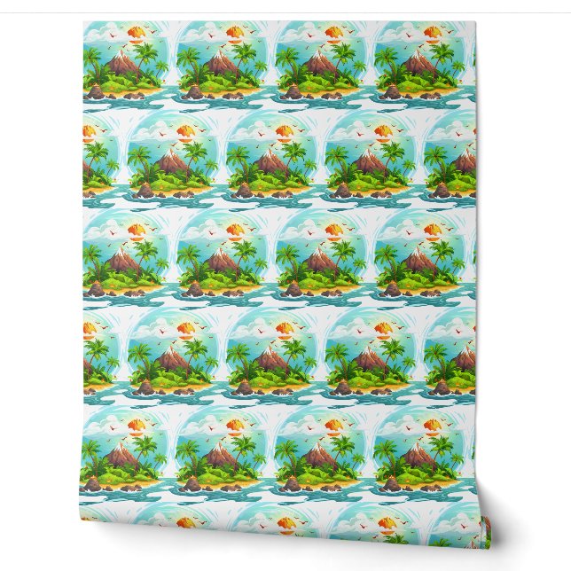 Tropical Island Illustration with Ocean View Wallpaper (Unrolling)
