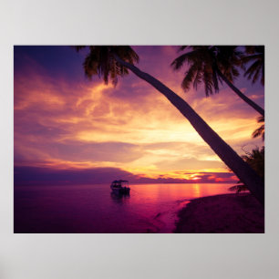 Tropical island in the sunset with a boat 2 poster