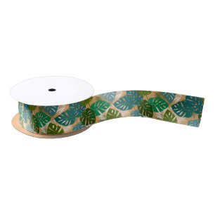 Tropical Island Jungle Foliage Gold Background Satin Ribbon
