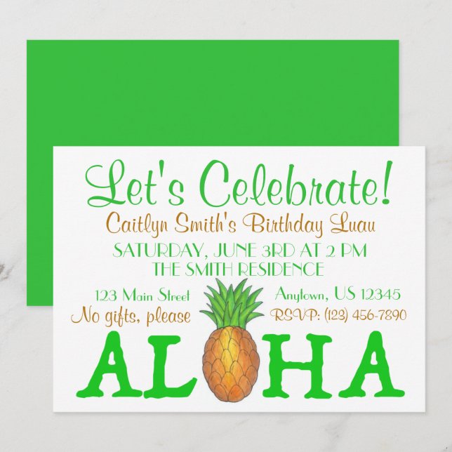 Tropical Island Luau Pineapple Hawaii Aloha Party Invitation (Front/Back)