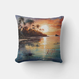 Tropical Island Ocean Beach Scene Initials  Cushion