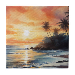 Tropical Island Ocean Beach Sunset Decorative Tile