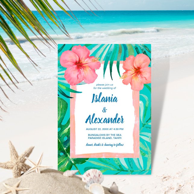 Tropical Island Palm Hibiscus Wedding  Invitation (Creator Uploaded)
