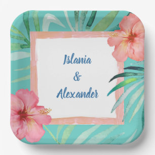 Tropical Island Palm Hibiscus Wedding & Shower Paper Plate