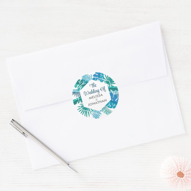 Tropical Island Palm Leaf Blue Beach Wedding Classic Round Sticker (Envelope)
