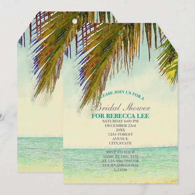 tropical island palm tree beach bridal shower invitation (Front/Back)