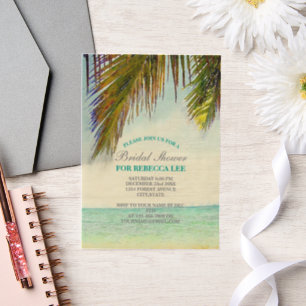 tropical island palm tree beach bridal shower vellum invitations