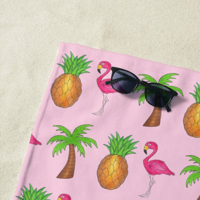 Tropical Island Palm Tree Pineapple Pink Flamingo Beach Towel (In Situ)
