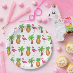 Tropical Island Palm Tree Pineapple Pink Flamingo Paper Plate