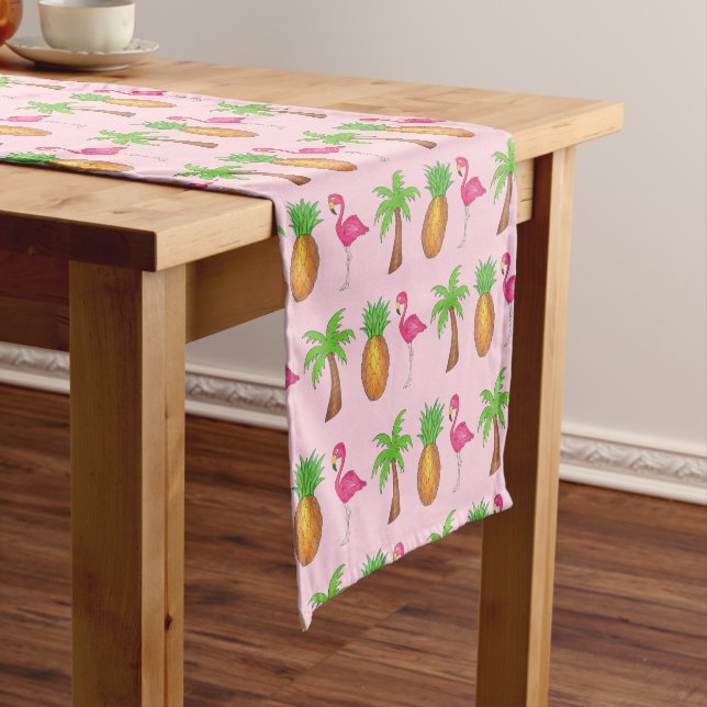 Tropical Island Palm Tree Pineapple Pink Flamingo Short Table Runner (In Situ)